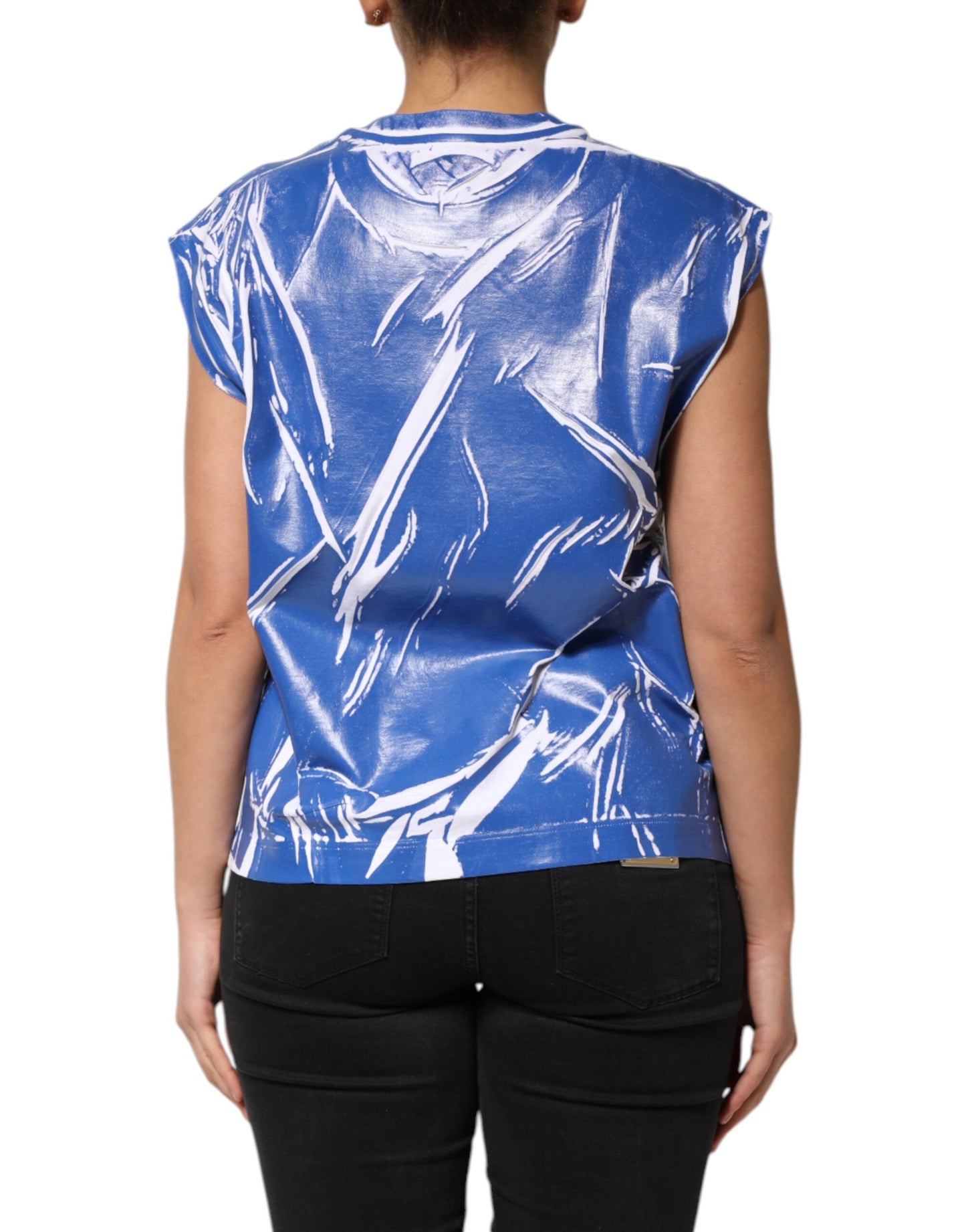 Dolce &amp; Gabbana Blue White Cotton Logo Plaque Women Tank Top