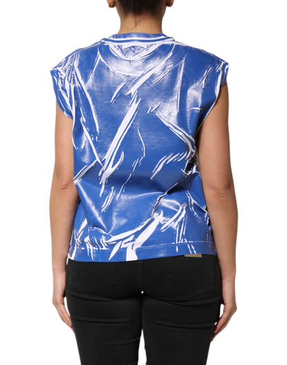 Dolce &amp; Gabbana Blue White Cotton Logo Plaque Women Tank Top