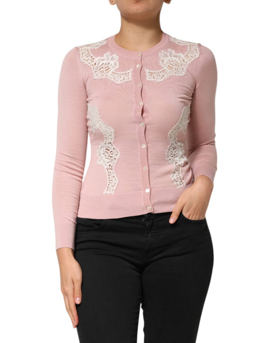 Dolce &amp; Gabbana Pink Floral Lace Detailing Cardigan Sweater