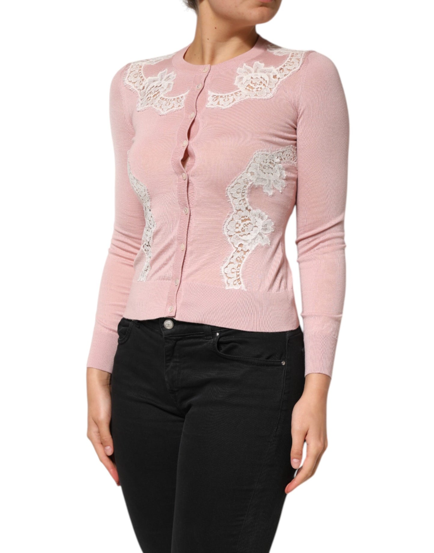 Dolce &amp; Gabbana Pink Floral Lace Detailing Cardigan Sweater