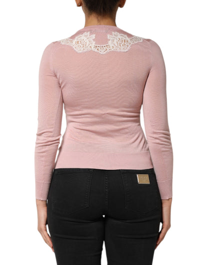 Dolce &amp; Gabbana Pink Floral Lace Detailing Cardigan Sweater