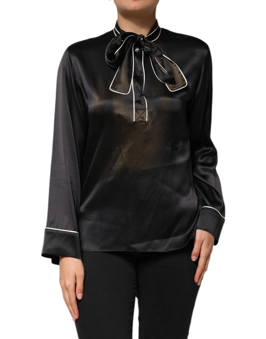 Dolce &amp; Gabbana Black Silk Ascot Collared Button Blouse Top