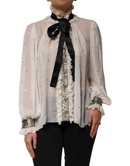 Dolce &amp; Gabbana White Black Silk Long Sleeve Ascot Collar Top