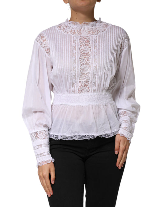 Dolce &amp; Gabbana White Cotton Floral Lace Long Sleeves Top