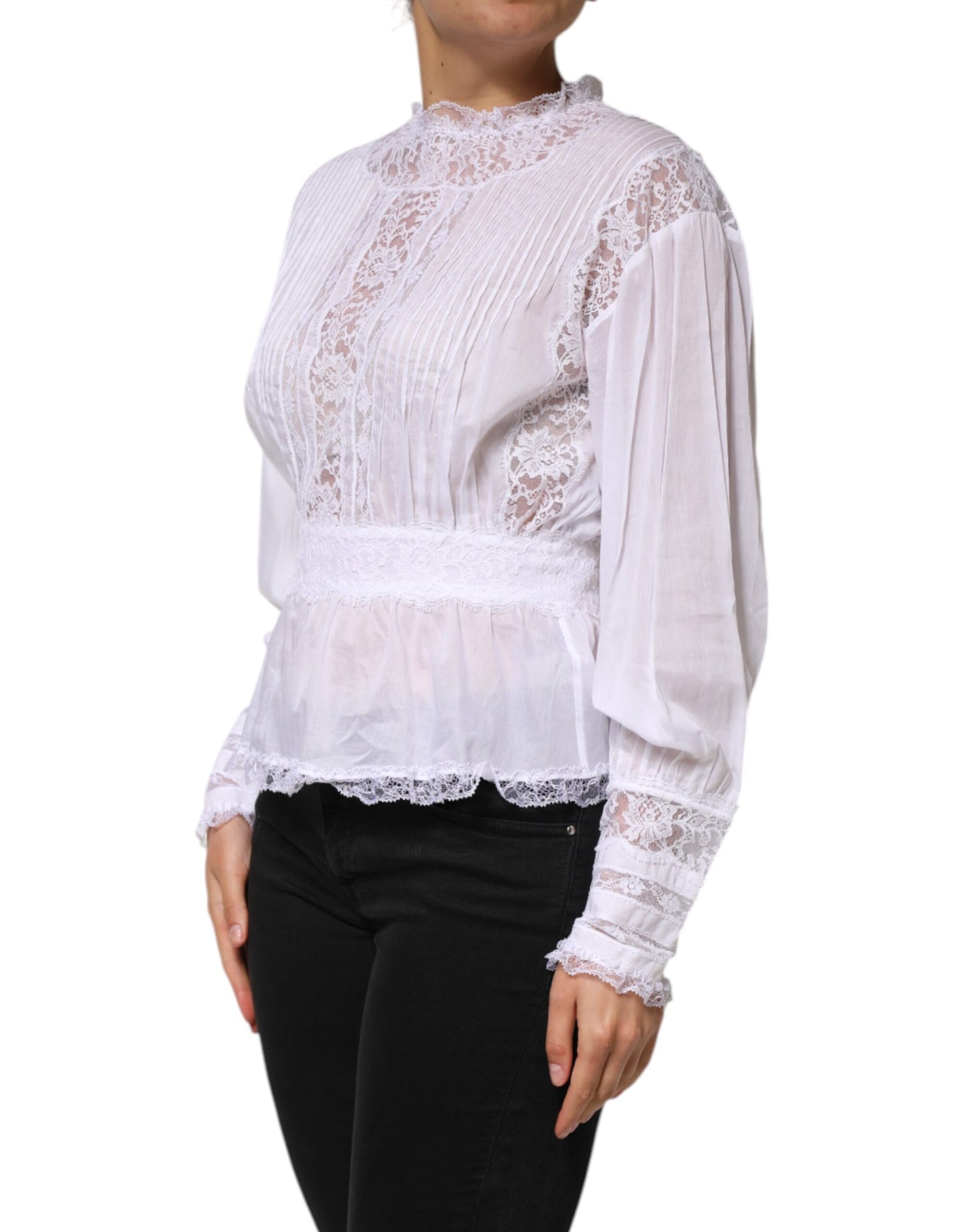 Dolce &amp; Gabbana White Cotton Floral Lace Long Sleeves Top
