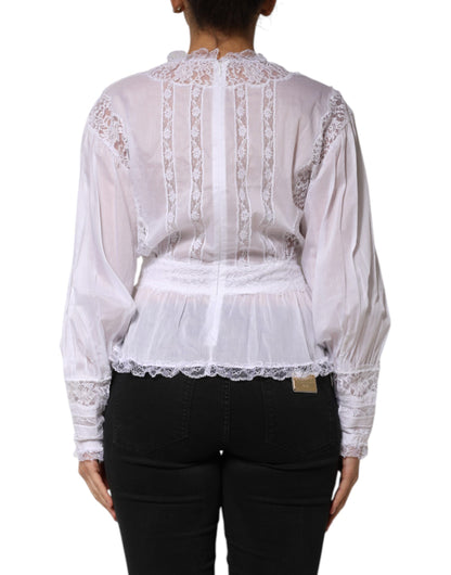 Dolce &amp; Gabbana White Cotton Floral Lace Long Sleeves Top
