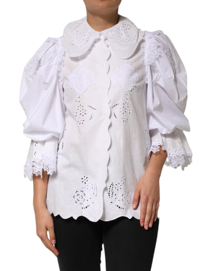 Dolce &amp; Gabbana White Ruffled Lace Embellished Blouse Top