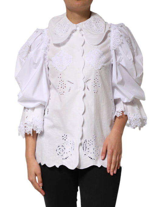 Dolce &amp; Gabbana White Ruffled Lace Embellished Blouse Top