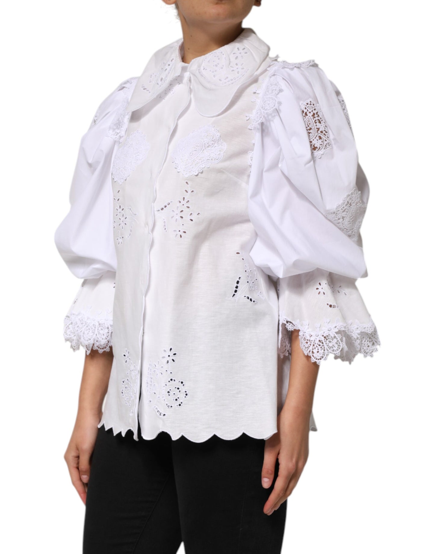 Dolce &amp; Gabbana White Ruffled Lace Embellished Blouse Top