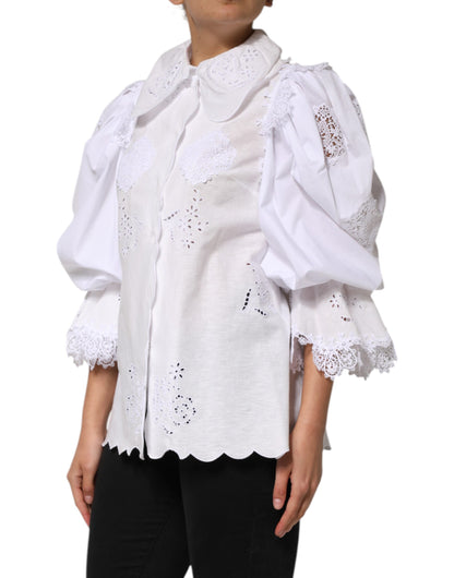 Dolce &amp; Gabbana White Ruffled Lace Embellished Blouse Top