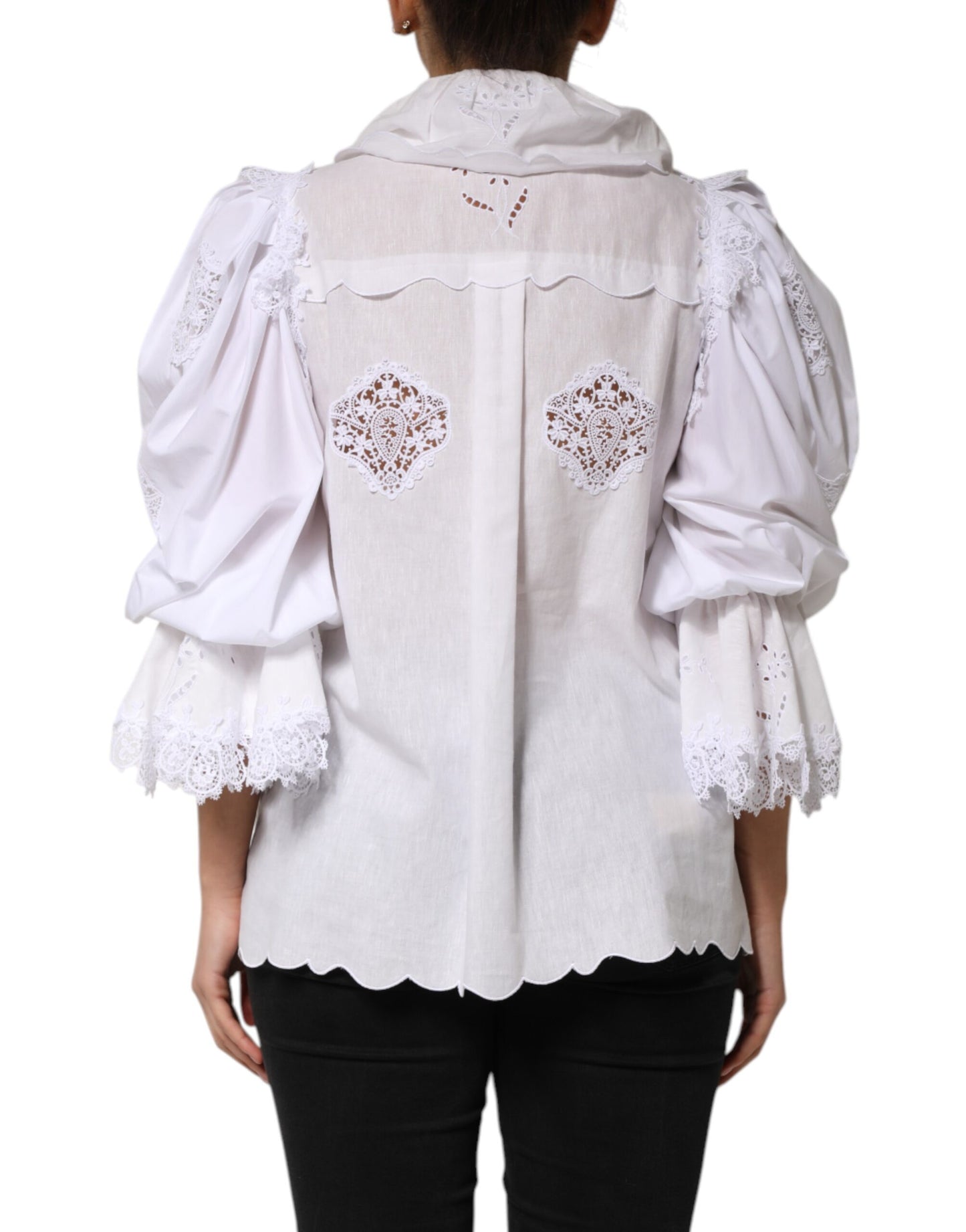 Dolce &amp; Gabbana White Ruffled Lace Embellished Blouse Top