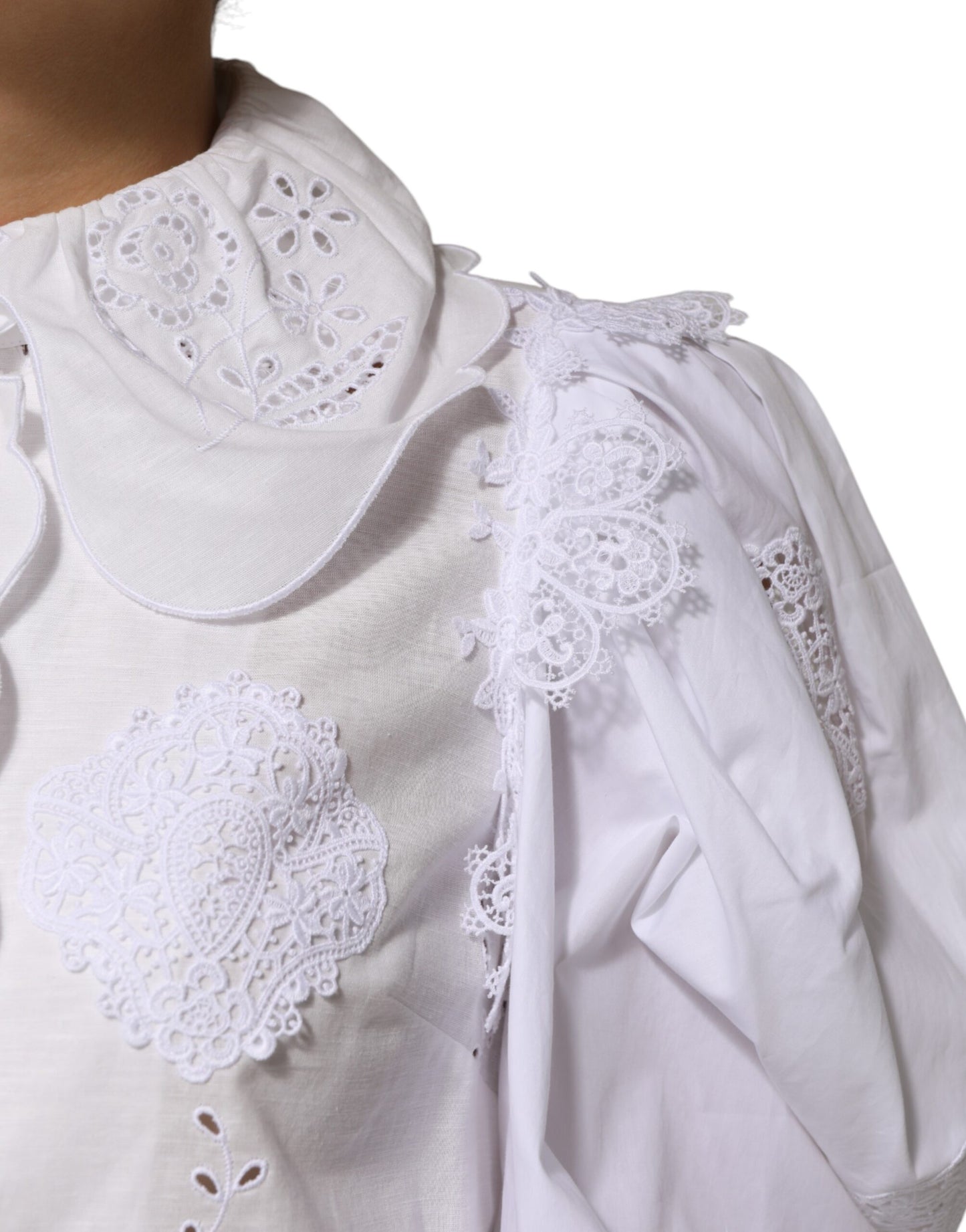 Dolce &amp; Gabbana White Ruffled Lace Embellished Blouse Top