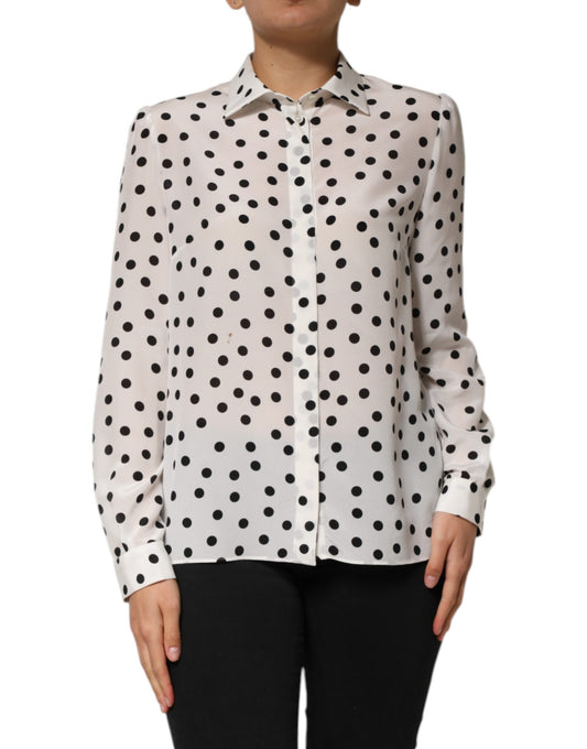 Dolce &amp; Gabbana White Black Dotted Silk Long Sleeves Top
