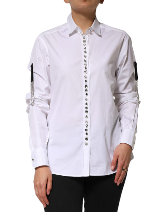 Dolce &amp; Gabbana White Crystal Embellished Collared Shirt Top