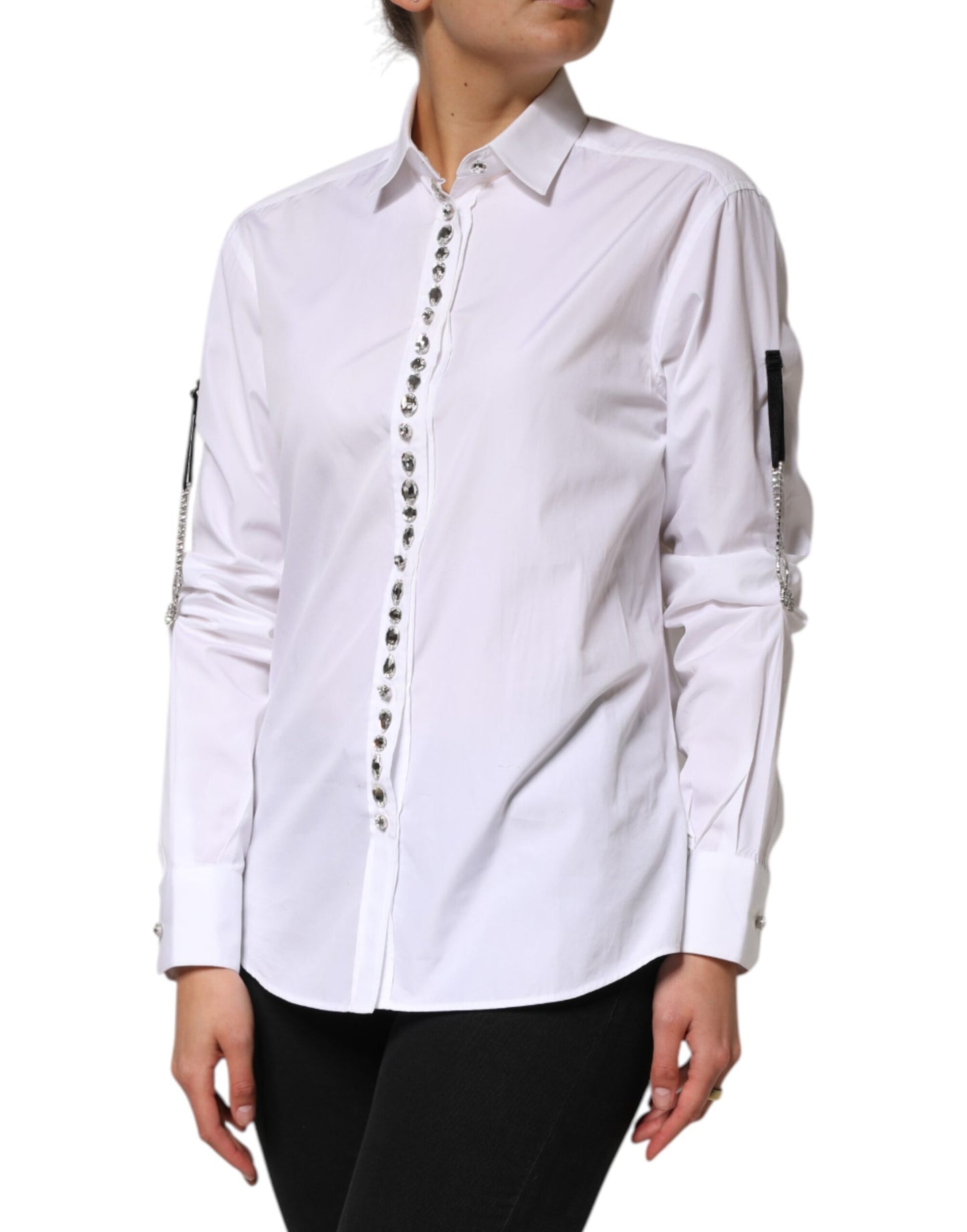 Dolce &amp; Gabbana White Crystal Embellished Collared Shirt Top