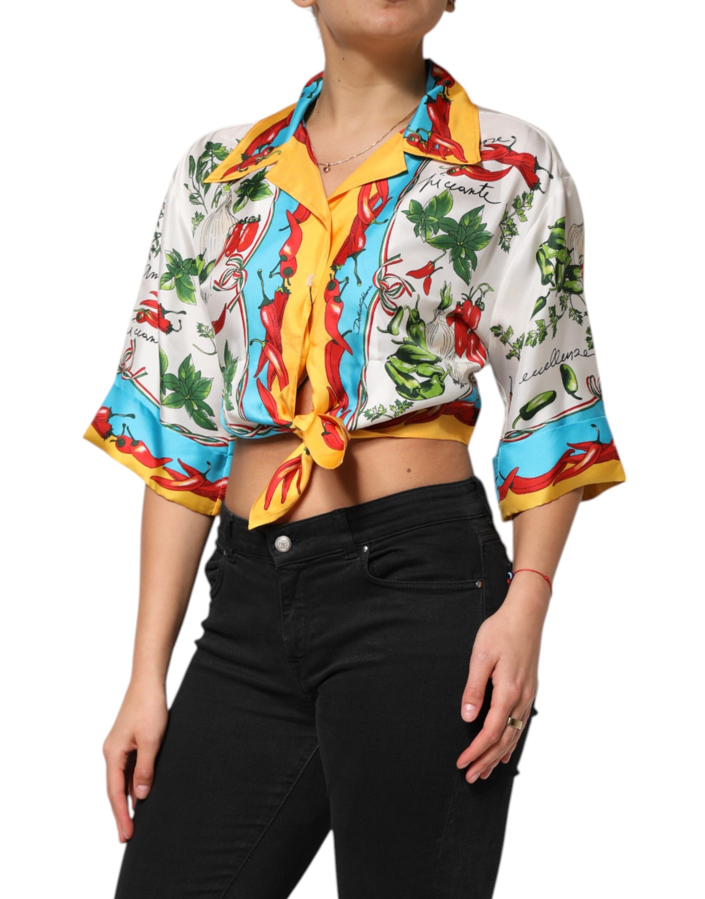 Dolce &amp; Gabbana Multicolor Chili Silk Cropped Blouse Top