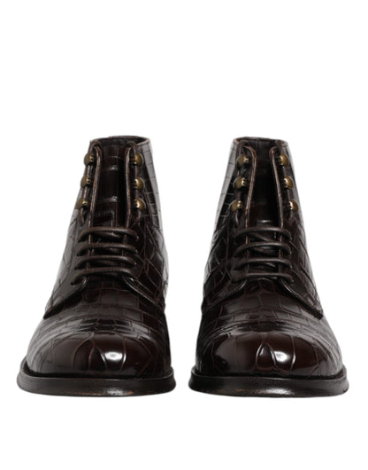 Dolce & Gabbana Dark Brown Leather Lace Up Short Boots Shoes by Dolce & Gabbana