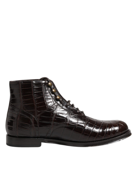 Dolce & Gabbana Dark Brown Leather Lace Up Short Boots Shoes by Dolce & Gabbana