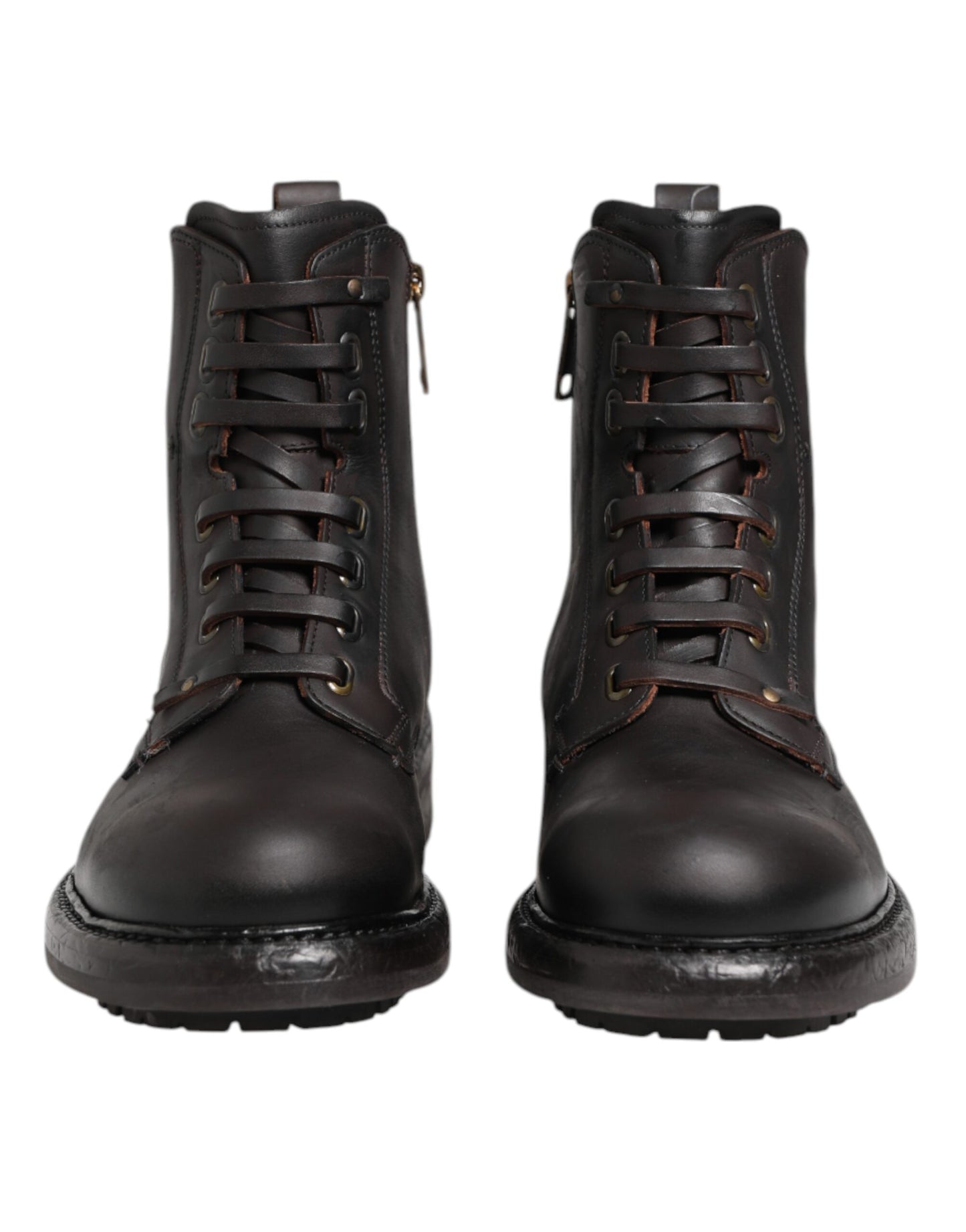 Dolce & Gabbana Dark Brown Leather Lace Up Mid Calf Boots Shoes by Dolce & Gabbana