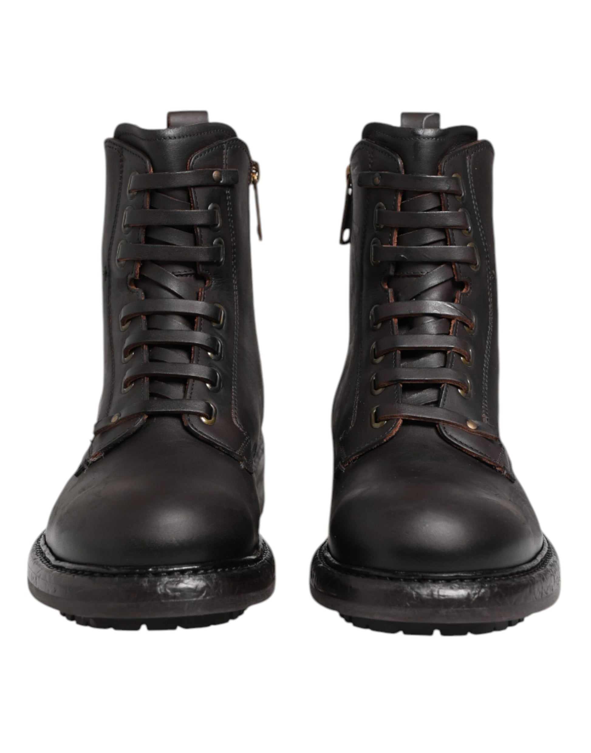 Dolce & Gabbana Dark Brown Leather Lace Up Mid Calf Boots Shoes by Dolce & Gabbana