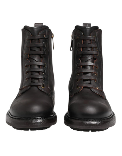 Dolce & Gabbana Dark Brown Leather Lace Up Mid Calf Boots Shoes by Dolce & Gabbana
