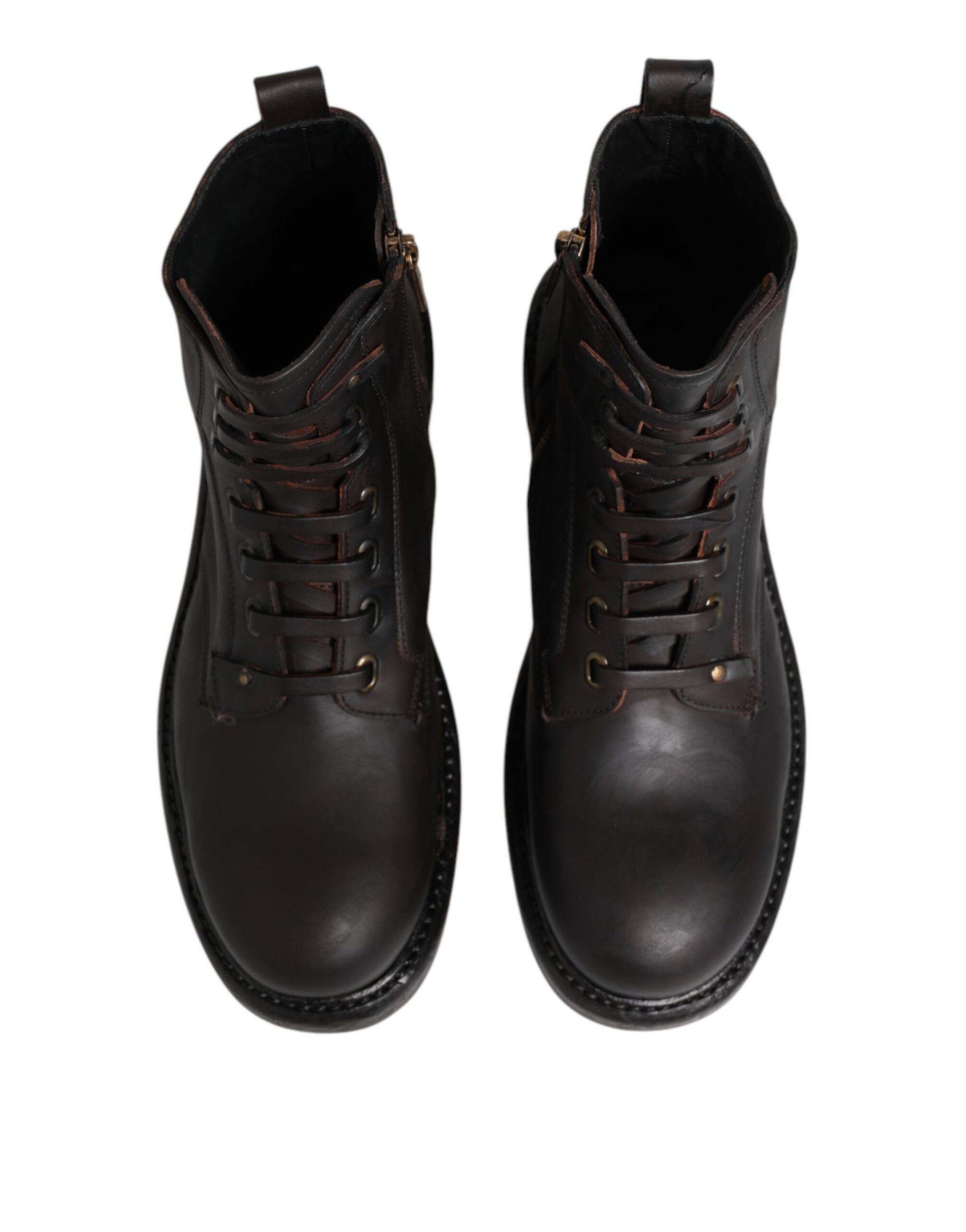 Dolce & Gabbana Dark Brown Leather Lace Up Mid Calf Boots Shoes by Dolce & Gabbana