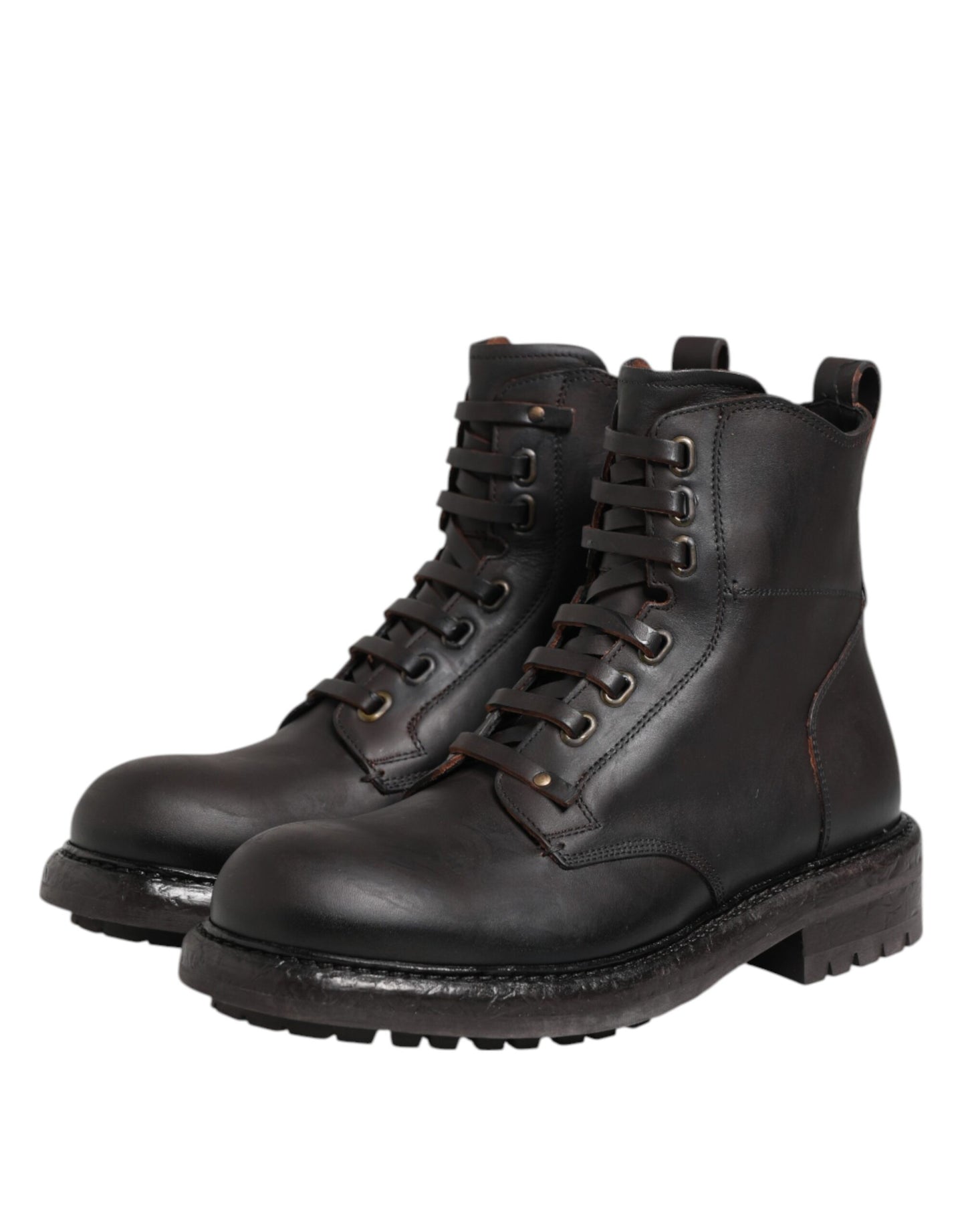 Dolce & Gabbana Dark Brown Leather Lace Up Mid Calf Boots Shoes by Dolce & Gabbana