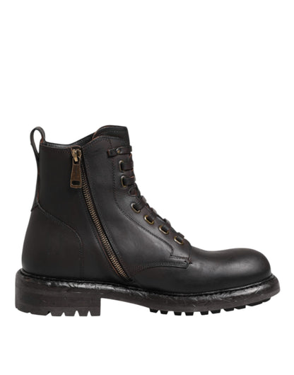 Dolce & Gabbana Dark Brown Leather Lace Up Mid Calf Boots Shoes by Dolce & Gabbana
