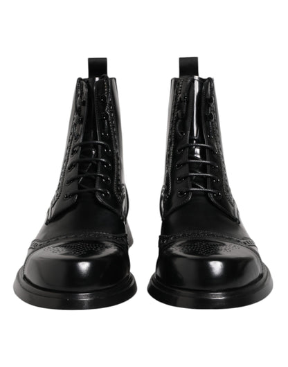 Dolce & Gabbana Black Leather Lace Up Mid Calf Boots Shoes by Dolce & Gabbana