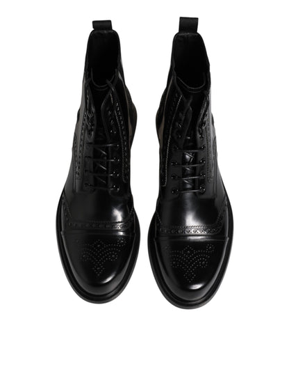 Dolce & Gabbana Black Leather Lace Up Mid Calf Boots Shoes by Dolce & Gabbana