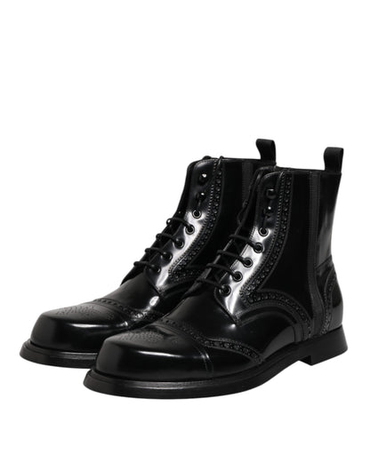Dolce & Gabbana Black Leather Lace Up Mid Calf Boots Shoes by Dolce & Gabbana