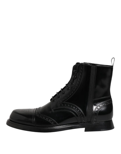Dolce & Gabbana Black Leather Lace Up Mid Calf Boots Shoes by Dolce & Gabbana