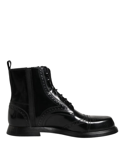 Dolce & Gabbana Black Leather Lace Up Mid Calf Boots Shoes by Dolce & Gabbana