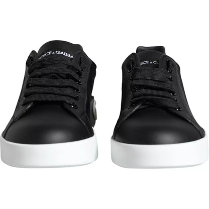 Dolce &amp; Gabbana Black Calf Leather Portofino Sneakers Shoes