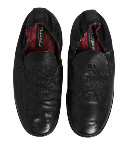 Dolce &amp; Gabbana Black Leather Slip On Men Flat Loafers Shoes