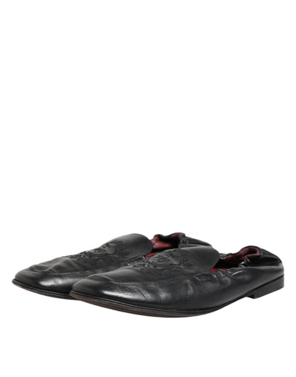 Dolce &amp; Gabbana Black Leather Slip On Men Flat Loafers Shoes
