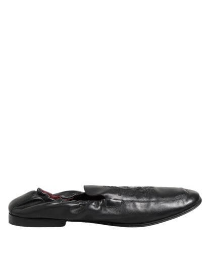 Dolce &amp; Gabbana Black Leather Slip On Men Flat Loafers Shoes