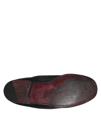 Dolce &amp; Gabbana Black Leather Slip On Men Flat Loafers Shoes