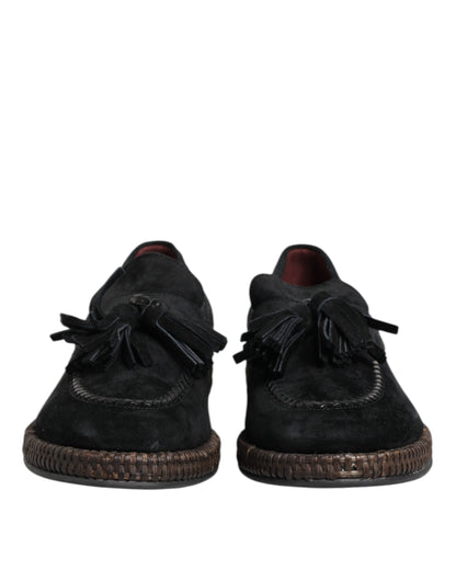 Dolce &amp; Gabbana Black Suede Tassel Embellished Loafers Shoes