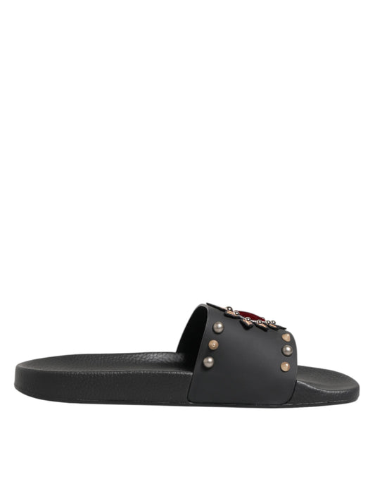 Dolce &amp; Gabbana Black Rubber Sacred Heart Slides Men Beachwear Shoes