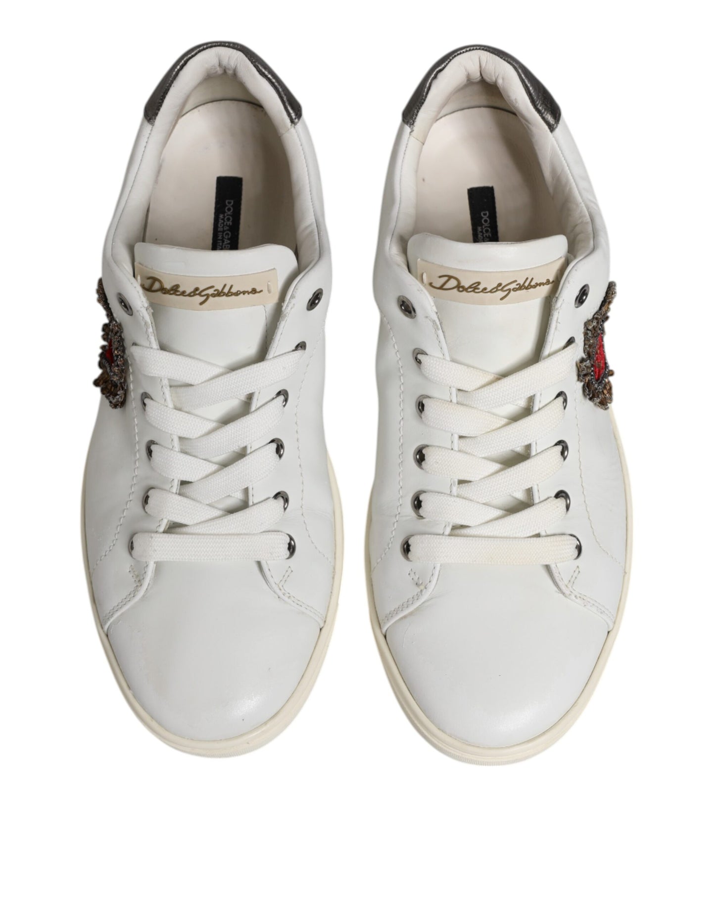 Dolce &amp; Gabbana White Silver Sacred Heart Men Sneakers Shoes
