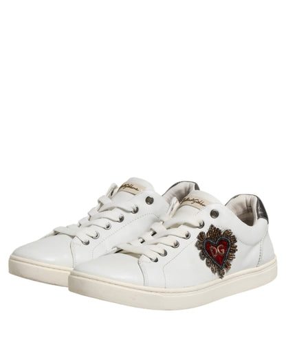 Dolce &amp; Gabbana White Silver Sacred Heart Men Sneakers Shoes