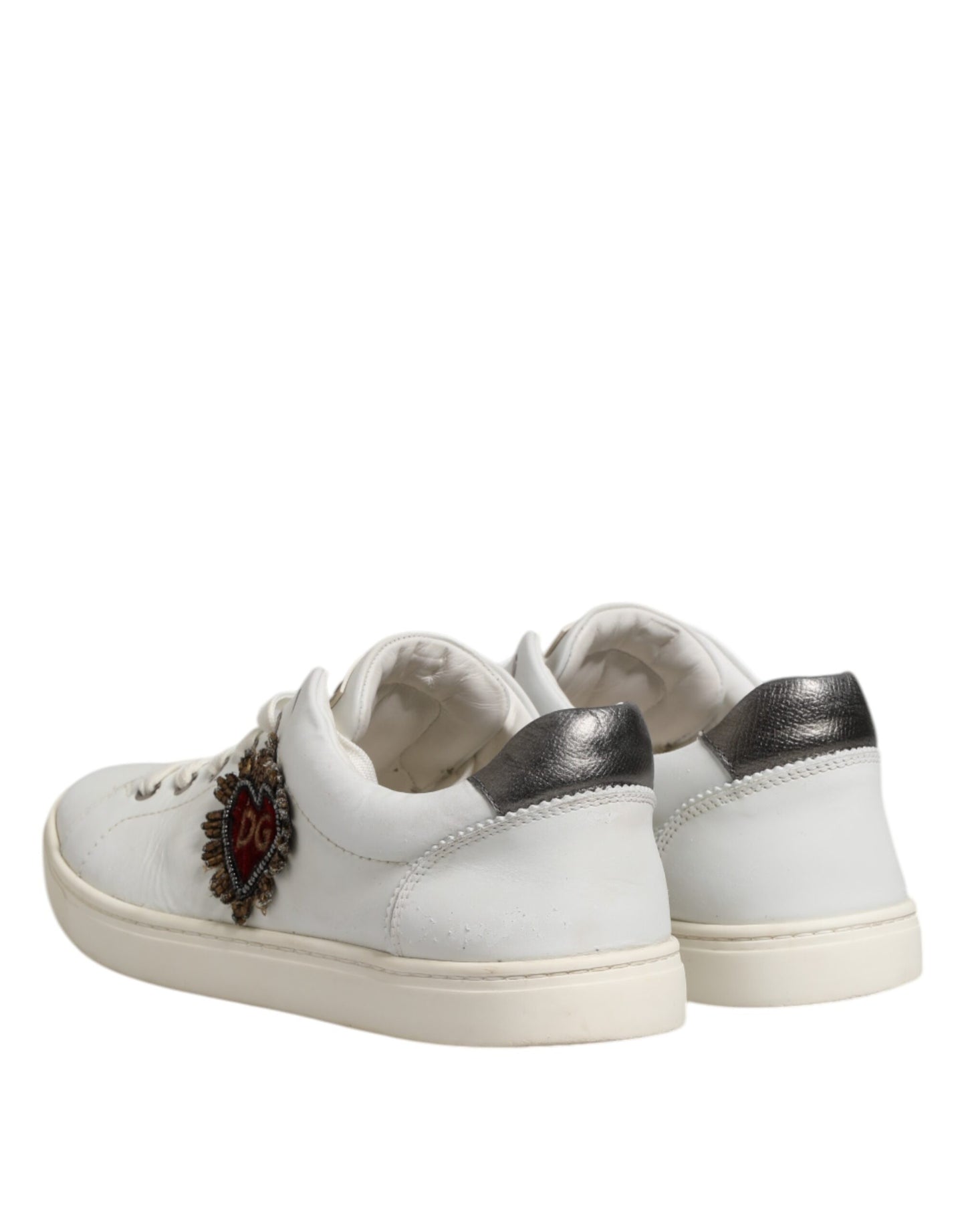 Dolce &amp; Gabbana White Silver Sacred Heart Men Sneakers Shoes