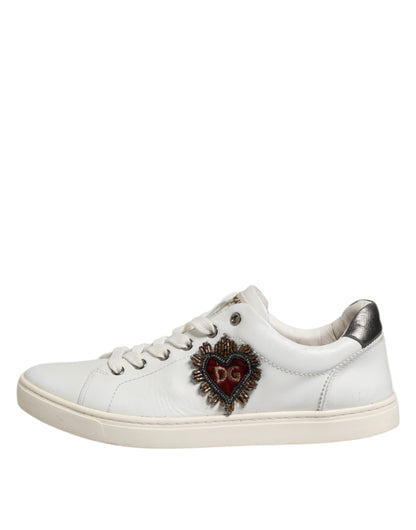 Dolce &amp; Gabbana White Silver Sacred Heart Men Sneakers Shoes