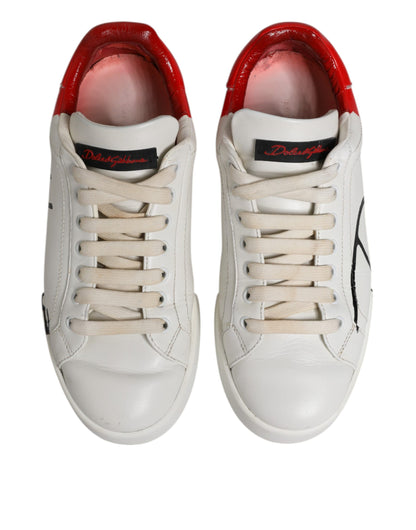 Dolce &amp; Gabbana White Red Leather Logo Low Top Sneakers Shoes