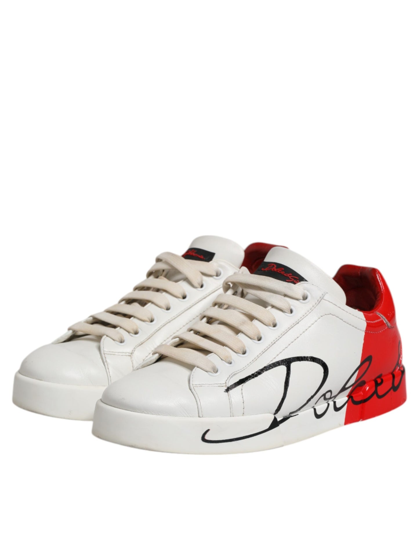 Dolce &amp; Gabbana White Red Leather Logo Low Top Sneakers Shoes