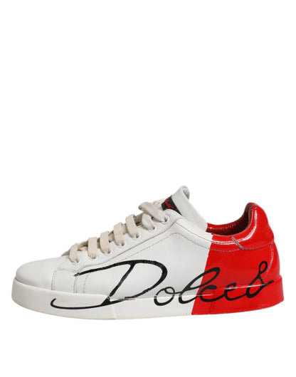 Dolce &amp; Gabbana White Red Leather Logo Low Top Sneakers Shoes