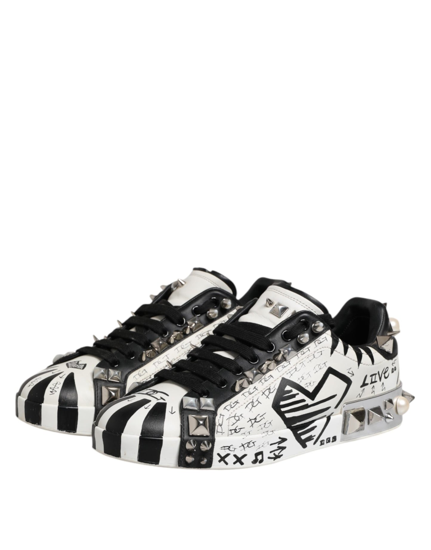 Dolce &amp; Gabbana Black White Studded Low Top Sneakers Shoes
