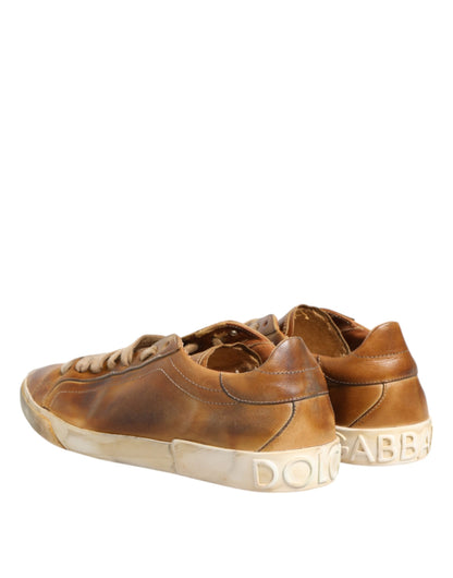 Dolce &amp; Gabbana Brown Leather Low Top Men Sneakers Shoes