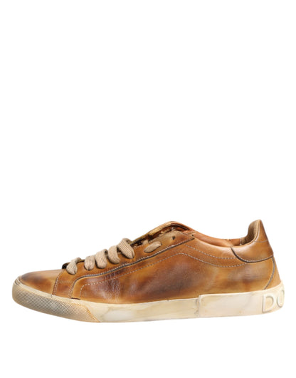 Dolce &amp; Gabbana Brown Leather Low Top Men Sneakers Shoes